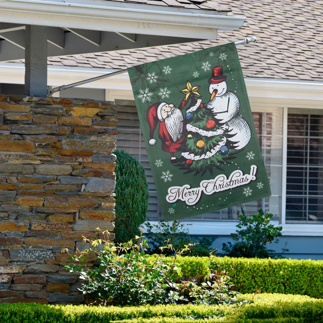 Merry Christmas Santa and Snowman Outside House Flag 28" x 40"